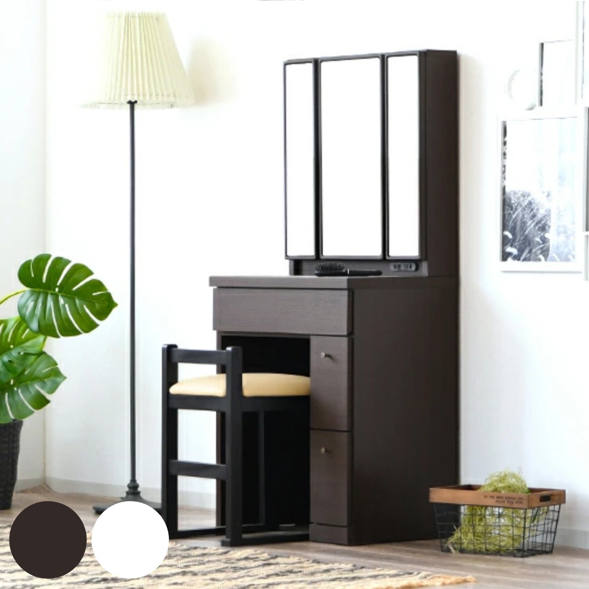 ドレッサー 鏡台 三面鏡 鏡裏収納 幅58.5cm プリマ 奥行41cm スツール付き コンパクト ミラー 鏡付き 引き出し 収納 コンセント 北欧 木目調 光沢 エナメル シンプル 白