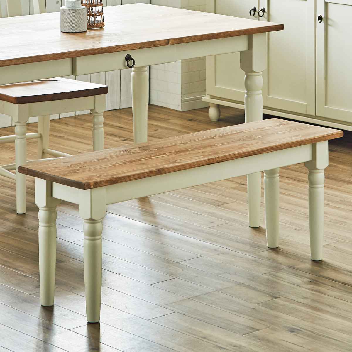 ダイニングベンチ 2人掛け 幅110cm 天然木 カントリー調 ベンチ 食卓 長椅子 二人掛け 単品 背もたれなし 椅子 チェア パイン 無垢 フレンチカントリー調 ナチュラル 木目調