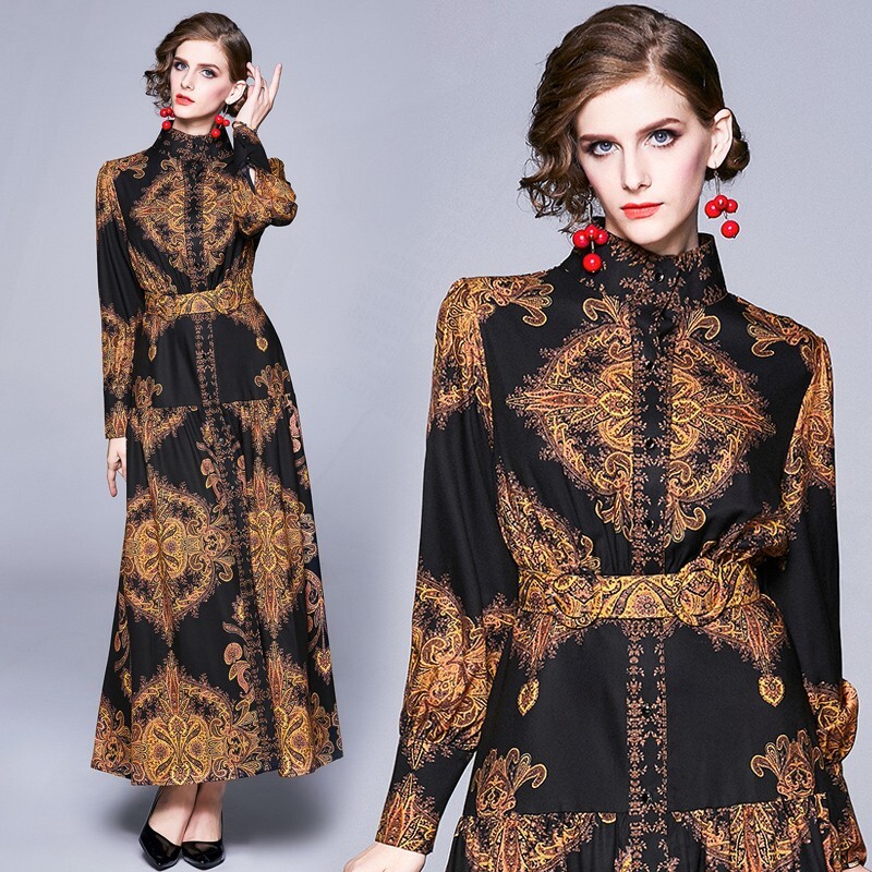 新作 秋冬 レディース 春夏 ワンピース マキシ丈 7分丈 袖あり 長袖 ハイネック フレア