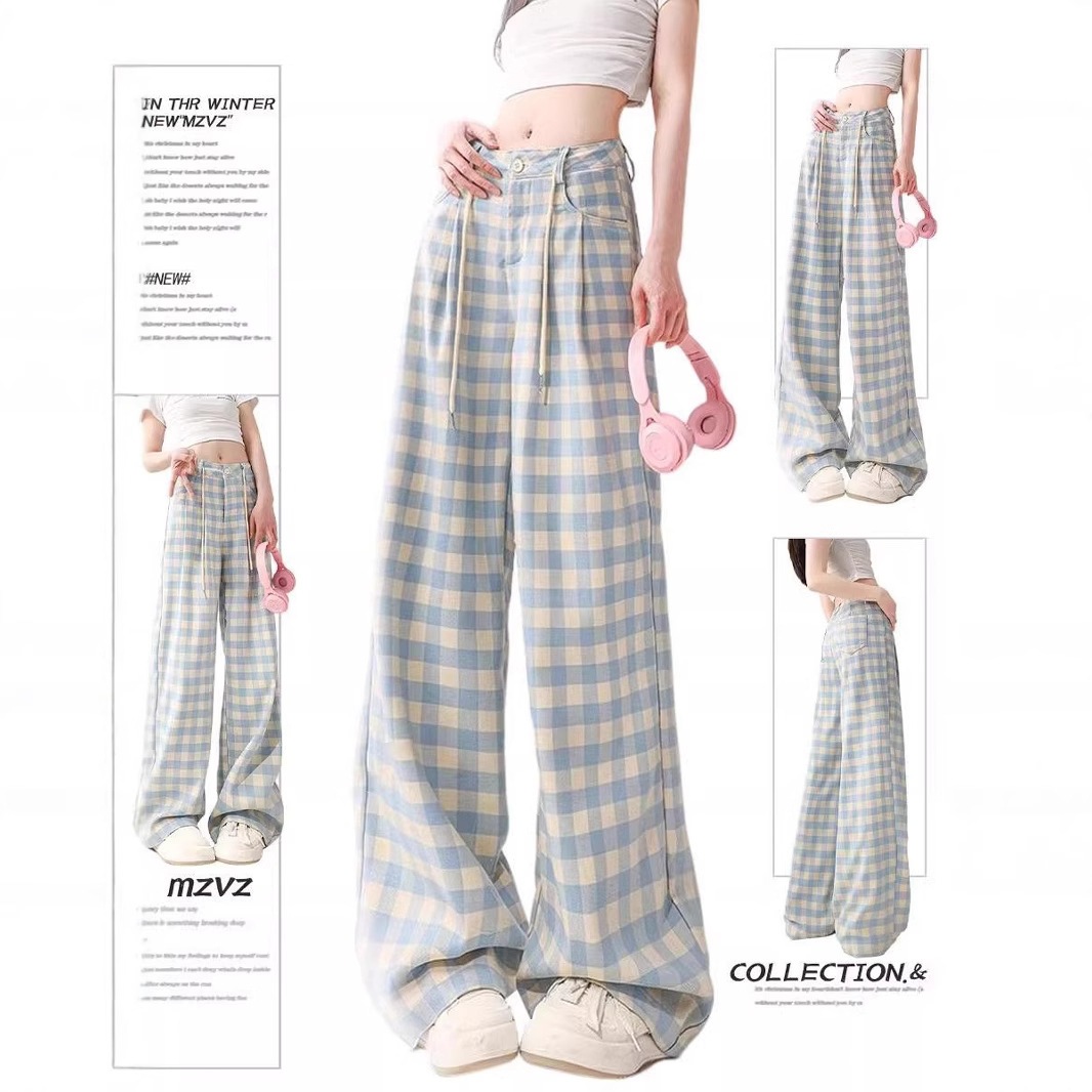 ブルーチェック柄のゆったりカジュアルパンツレディース春秋新作太めmm大きいサイズゆったりスリム洋ナシ体型ワイドレッグパンツ