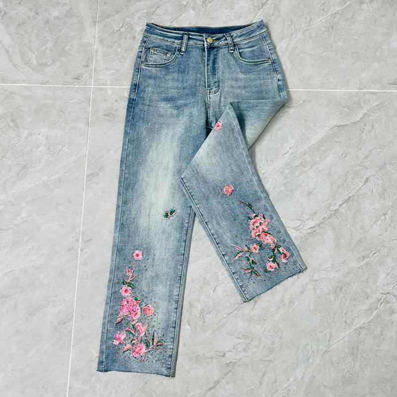 レディース ファッション カジュアル おしゃれ 刺繍 ラインストーン ストレート ジーンズ トレンディ 春夏 ハイウエスト スリムフィット シガレット パイプ クロップドパンツ