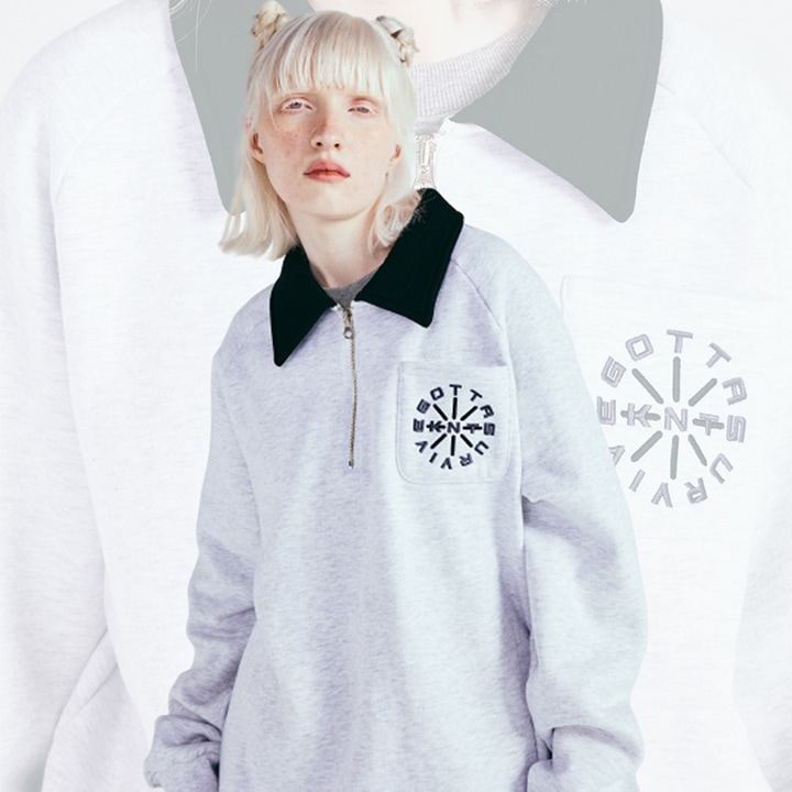 [UNISEX] [男女兼用] STRING HALF ZIP-UP MTM OVERFIT 裏起毛 ストリング ネック ジップアップ マンツーマン オーバーサイズ