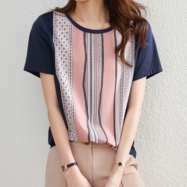 トップス Tシャツ 袖あり 半袖 Uネック シフォン 快適 着心地 かわいい 大人可愛い きれいめ シンプル カジュアル 大人 上品 おしゃれ お洒落 かっこいい レトロ 大人女子 こなれ感 ラフ