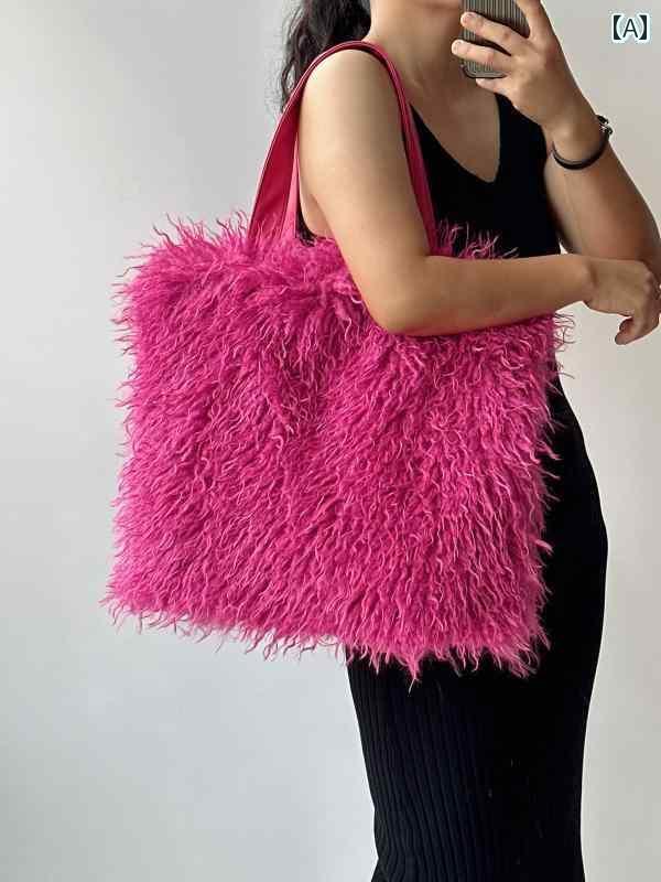 トートバッグ 大きめ レディース 秋冬 フェイクファー 横長 大容量 ソフト ショルダー カジュアル おしゃれ 赤 グレー アイボリー 通勤 普段使い