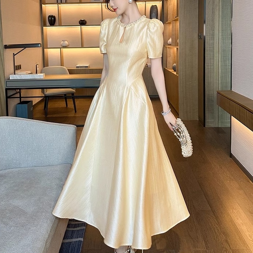 ドレスワンピース ドレス ワンピース ロングワンピース とろみワンピース 光沢ワンピース ビジューネックワンピドレス カットネックドレスワンピース 半袖 フレア ロング丈 ミモレ丈 パステルカラー