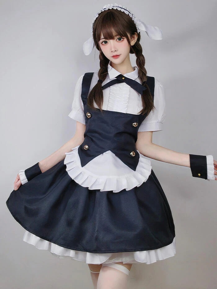 【急速出荷】メイド服 豪華セット コスプレ うさ耳 兎 メイドカフェ 衣装 仮装 ゴスロリ かわいい 可愛い コスプレ衣装 ワンピース 半袖 うさぎ 定番 コスチューム ハロウィン カフェ店員 制服
