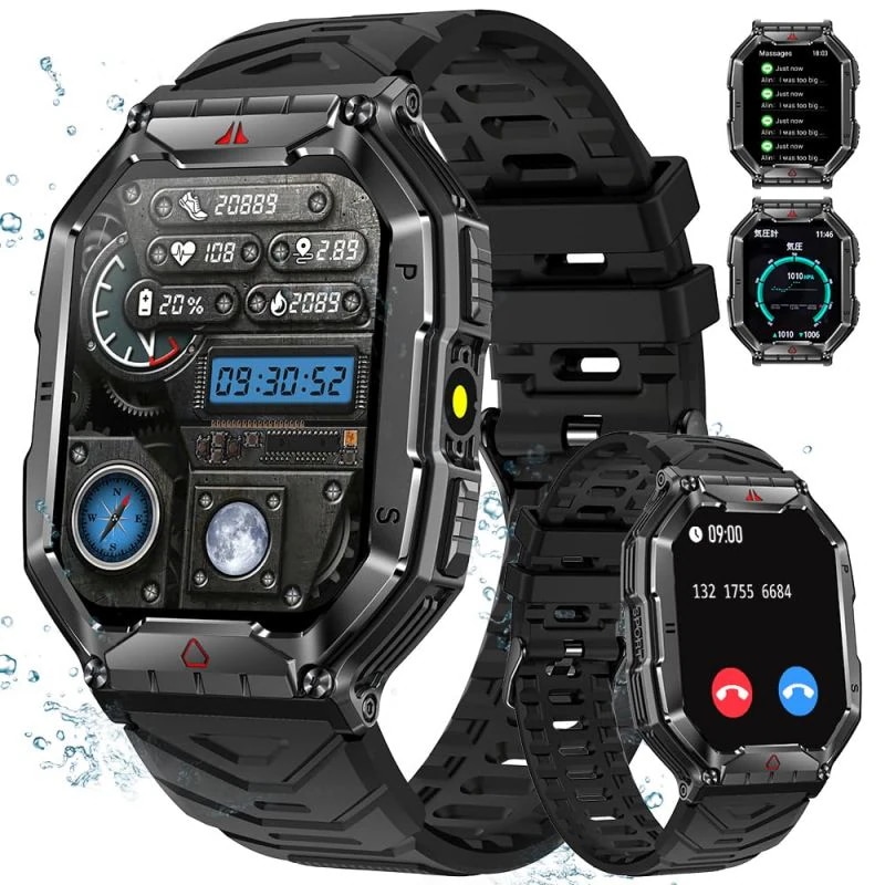 売切必至2025年革新モデル スマートウォッチ Bluetooth53通話機能付き 軍用規格 耐衝撃 傷防止スクリーン 21インチ大画面 コンパス 気圧計 高度計 戦術懐中電灯 100+文字盤 1