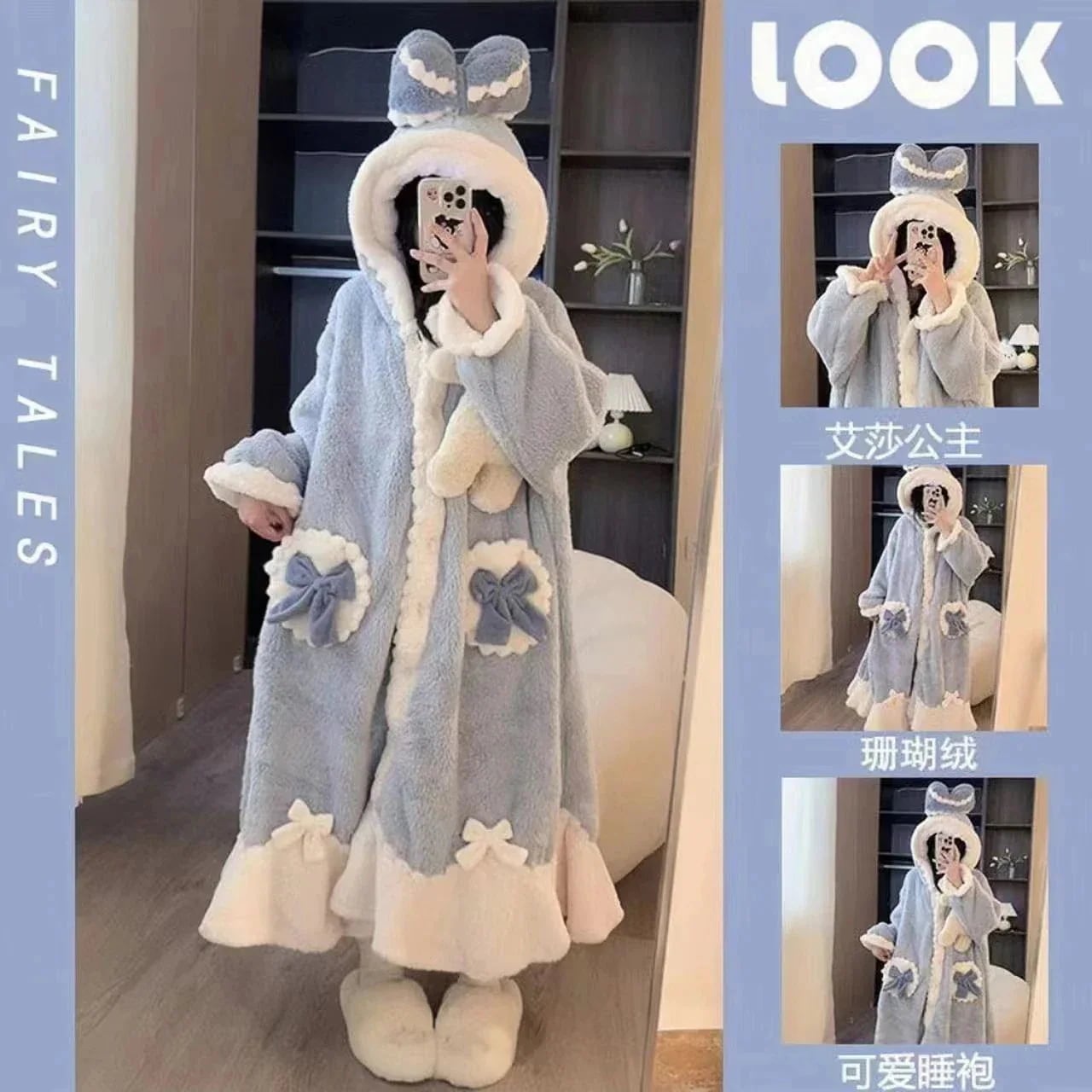 ロングバスローブ男女同じカップル学生 人气新作ルームウェア ガウン着 部屋着セット秋冬パジャマバスローブかわいいスリーパーキャップ 屋部着