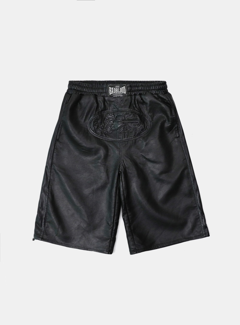 【BADBLOOD】[UNISEX] PERFORMED LEATHER LONG BERMUDA PANTS : BLACK