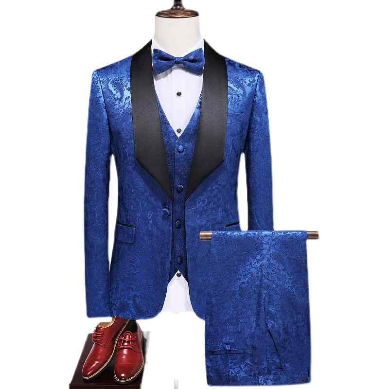 メンズ スーツ 青 ブルー ステージ 衣装 英国 光沢 ジャカード セット 韓国 スリム カラースーツ 結婚式 パーティー 司会者