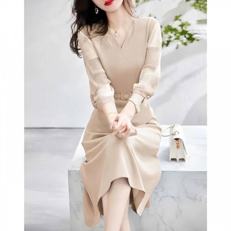 期間限定2025 vネック ウエスト 七分袖ドレス レディース ロングスタイル