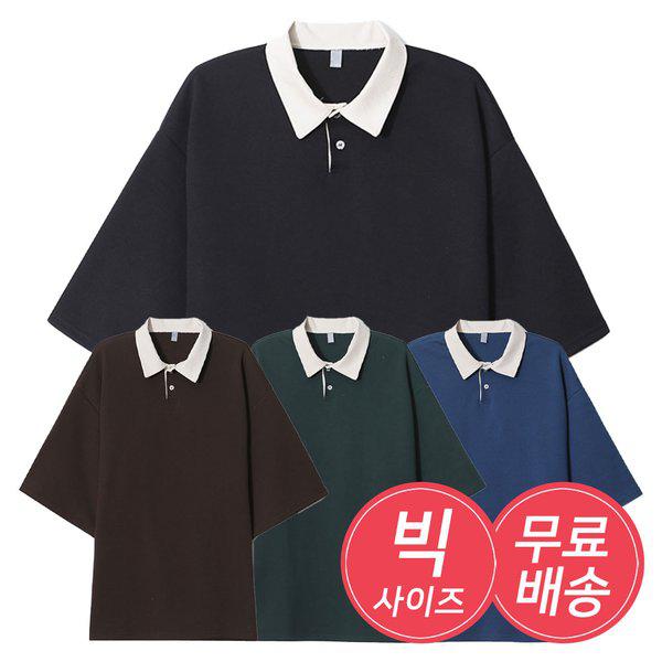 メンズオーバーフィットソリッドPKカラーネック半袖Tシャツ AC-KAH-Q006-ブラック
