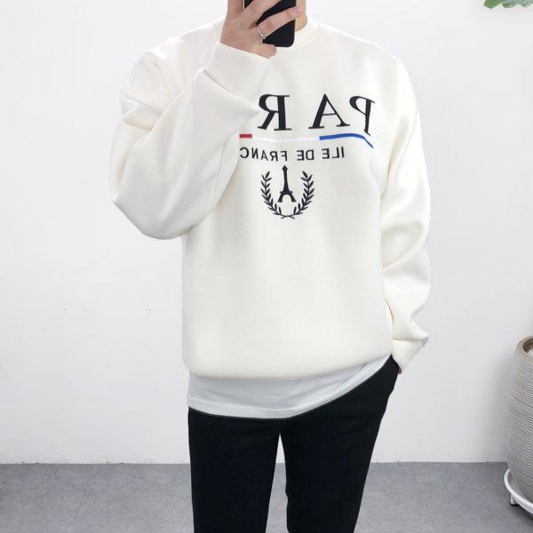 メンズ オーバーフィット ネオプレン パリ レタリング 刺繍 スウェットシャツ 男女兼用 4カラー