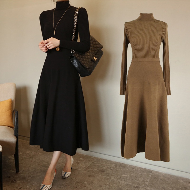 タートルネックニットワンピース ニットワンピース ニット セーター ドレス ワンピース ハイネック セータースカート 黒 秋冬 ２カラー a3677