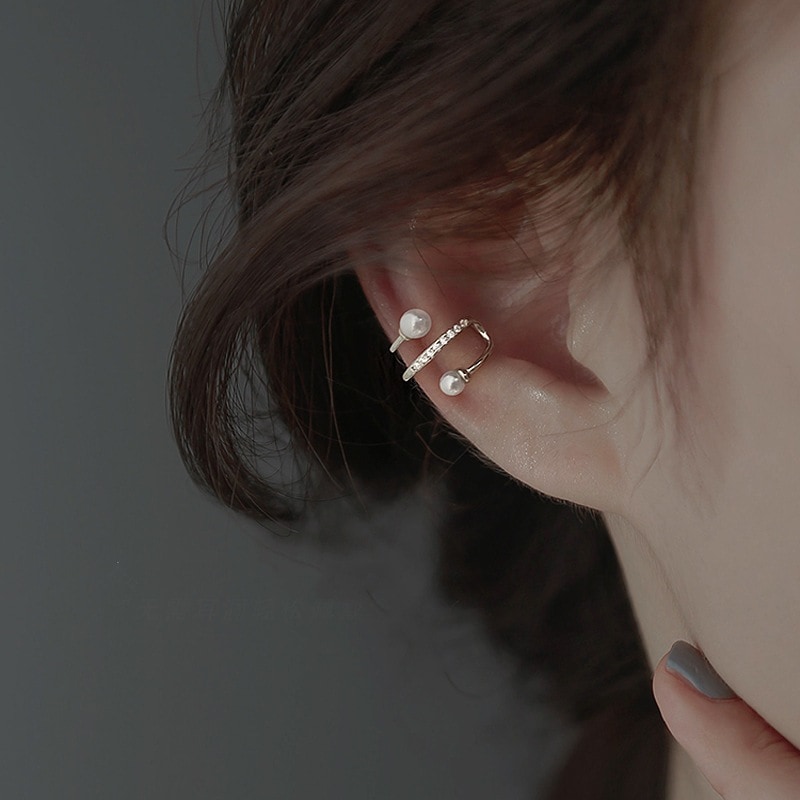 独特のシンプルな貝珠合成真珠韓国insイヤリング骨クリップ二重線韓版気質耳介の穴がありませんピアス