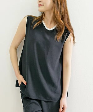 バイカラー サマーニット 無地 ペプラム ストレッチ クルーネック タンクトップ [2カラー]