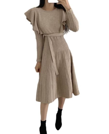 秋冬 韓国 ワンサイズ ミドル丈 プリーツスカート ラウンドネック 肩フリル 長袖 ウエスト ニット