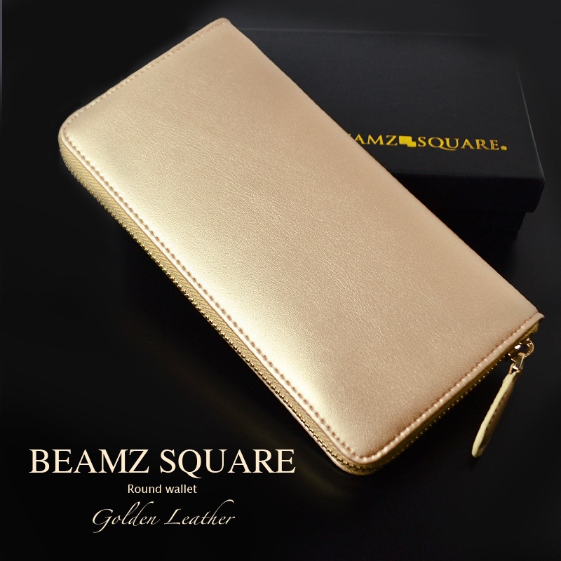 BEAMZSQUARE　牛革オールゴールドカラーラウンドファスナー長財布　開運金運BS-15805