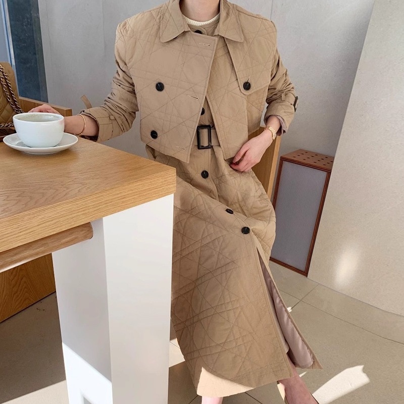 2点セット ジャケット ワンピース セットアップ ベージュ 黒 韓国 レディース オルチャン アウター ワンピース ミモレ ミモレ丈 袖あり 長袖 Aライン ベルト ウエストマーク 前開き