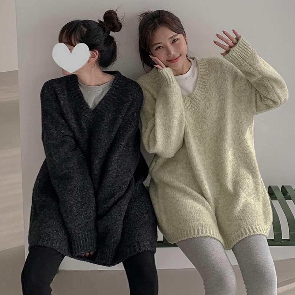 Vネックロング丈ニット レディース トップス ニット 長袖 単色 無地 シンプル ベーシック ロング丈 Vネック ルーズ ドロップショルダー 体型カバー 楽ちん 秋 冬 4,956円