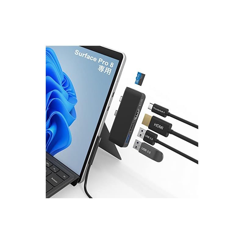 Surface Pro 8 USB ハブ 4K HDMIポート + USB-C Thunerbolt 4 (ディスプレイ+データ+PD充電) + USB3.0 + USB2.0 + TF (Micro