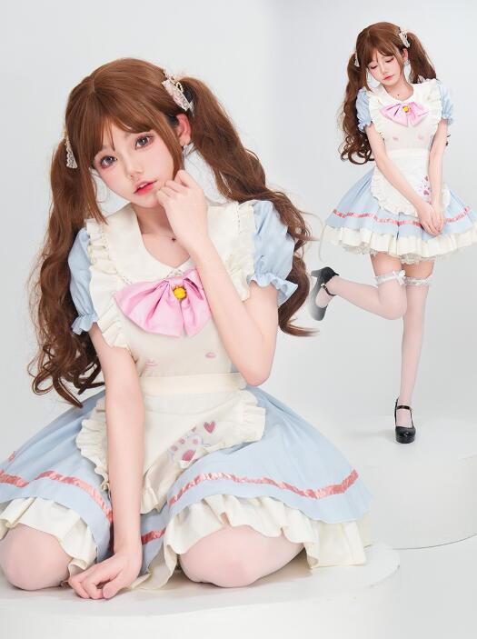 ロリータワンピース 膝上丈 メイド服 半袖 メイド服 女性 ハロウィン コスプレ衣装 猫爪先柄 スカラップ ドレス 学園祭 文化祭 イベント 撮影衣装 コスチューム ブルー
