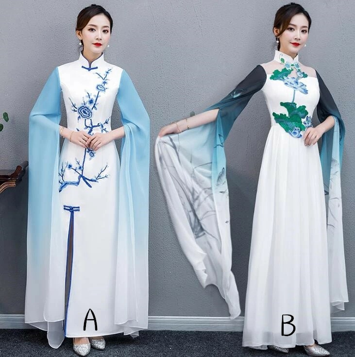 チャイナドレス ロング丈ドレス 中華服 ダンス衣装 中華風演出服 華流舞台衣装 合唱団体服 古典ダンス衣装 傘ダンス 扇子ダンス 楽器演奏衣装 茶道衣装 書道衣装 イベント 文化祭 花柄 振袖 2色