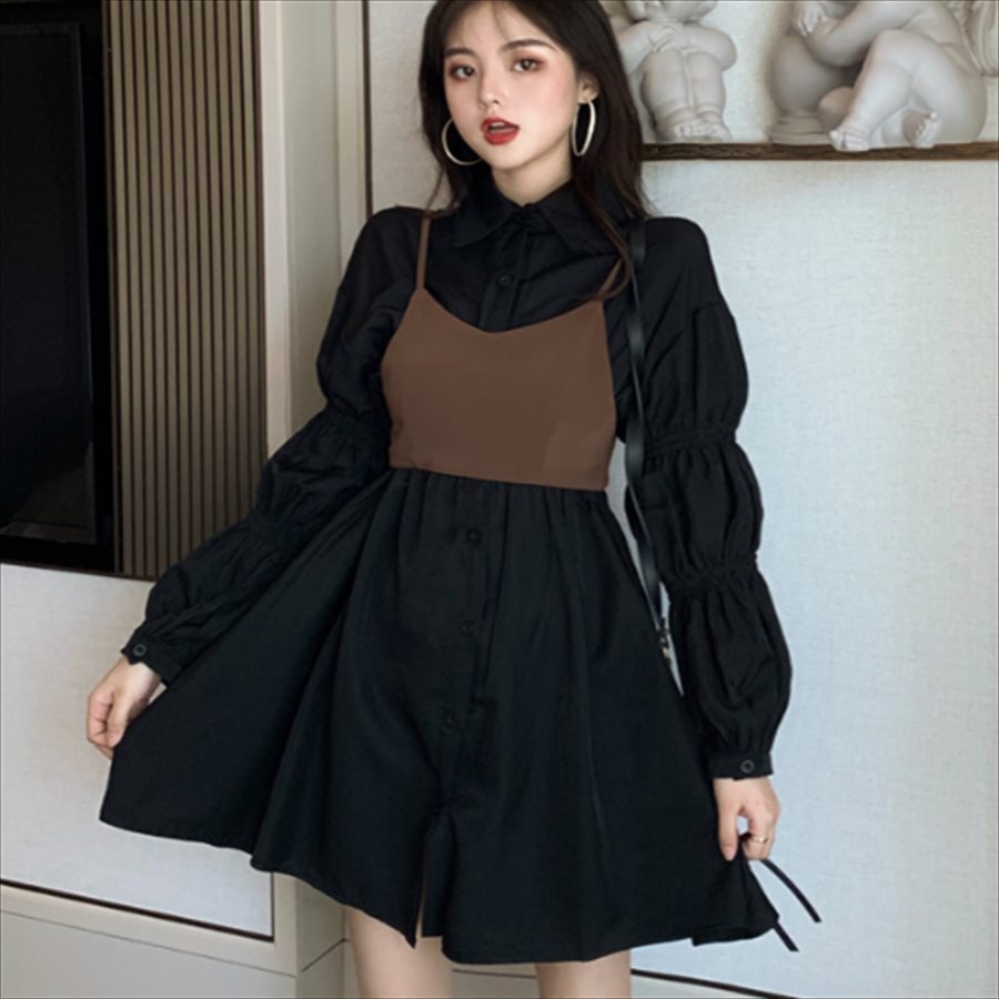 ミニドレス ビスチェ 2点セット 2色 長袖 ワンピース 秋 ドレス 体系カバー 20代 30代 レディースファッション 可愛い お出かけ 女子会 デイリーユース お茶会 お呼ばれ