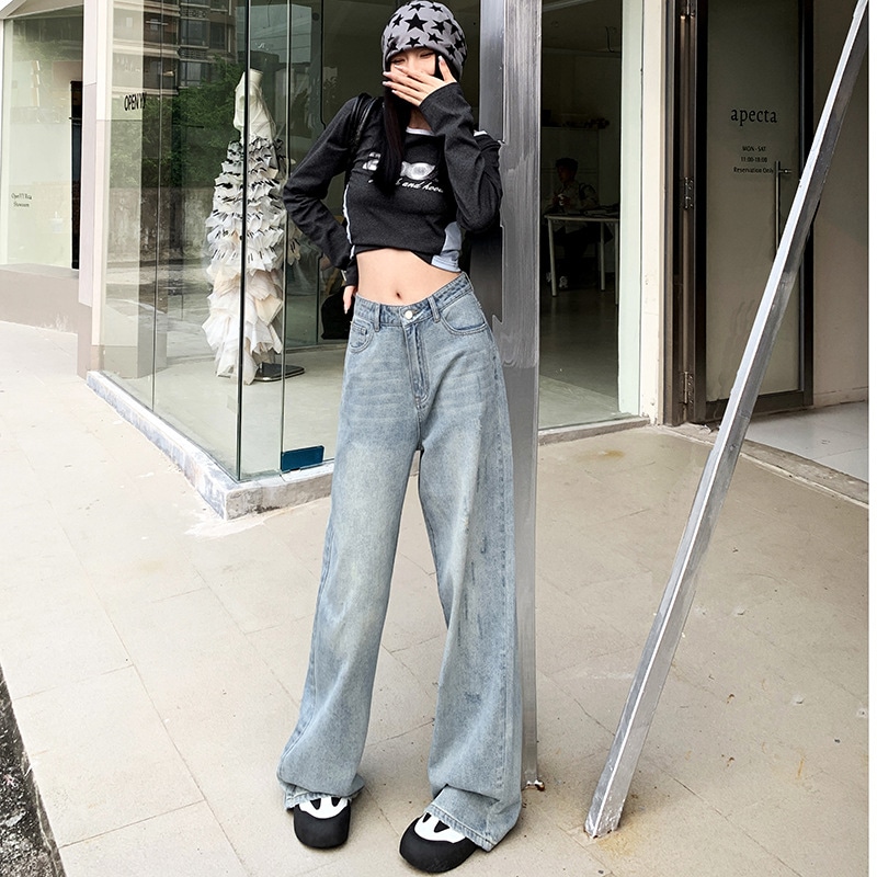 ムハンシェ ライトブルーのドレープワイドパンツクールガーリージーンズハイウエストストレートワイドパンツ女性用フロアレングスパンツ