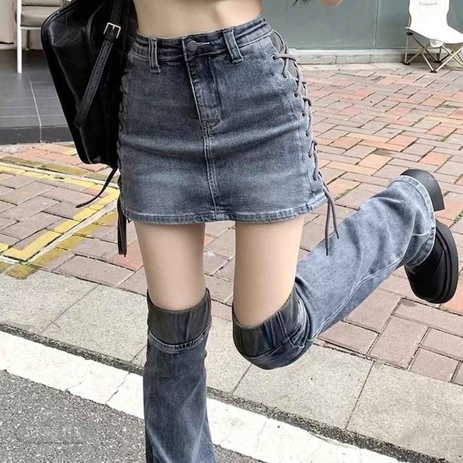 新製品の入荷スカート デニム ミニ丈 タイト スリム 編み上げ 細見え かわいい おしゃれ カジュアル お出かけ 脚長効果 美脚効果