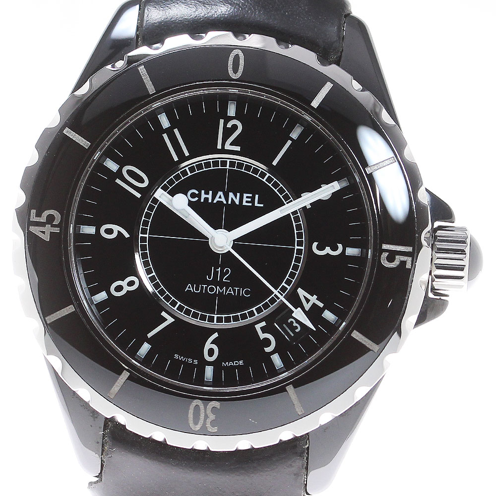 シャネル CHANEL H0683 J12 38MM 黒セラミック 革ベルト 自動巻き メンズ _838305【中古】