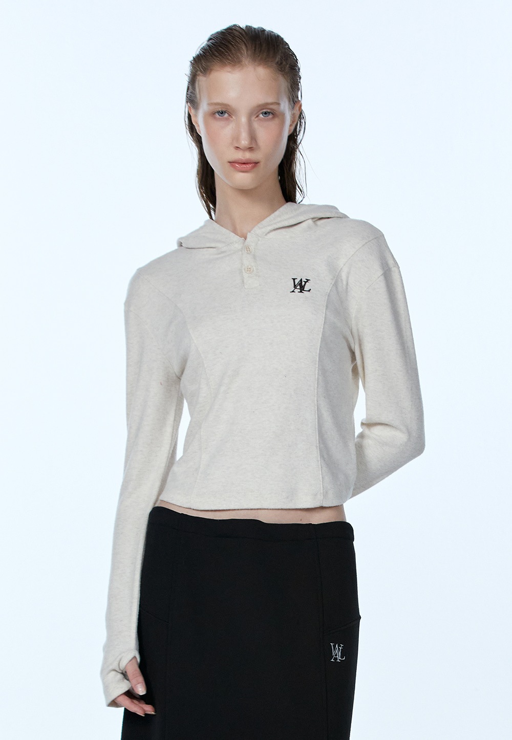 【WOOALONG】SLIM SOFT WARMER HOOD T-SHIRT : OAT MEAL