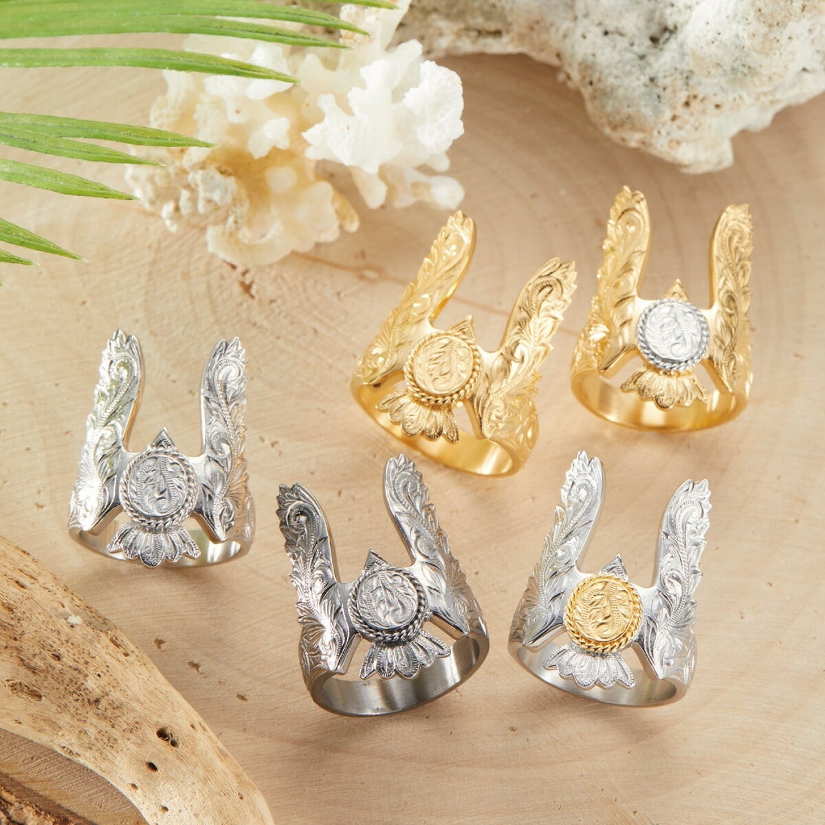 リング メンズ サージカルステンレス316L製 ハワイアン イーグル 鷲 コイン プルメリア 波