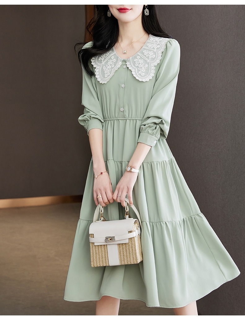 春 シフォン 薄い レース ドレス ウエスト A ライン スリム スカート 女性 レディース ワンピース ミントグリーン ブルー M L XL XXL ワンピース 袖あり かわいい 大人可愛い