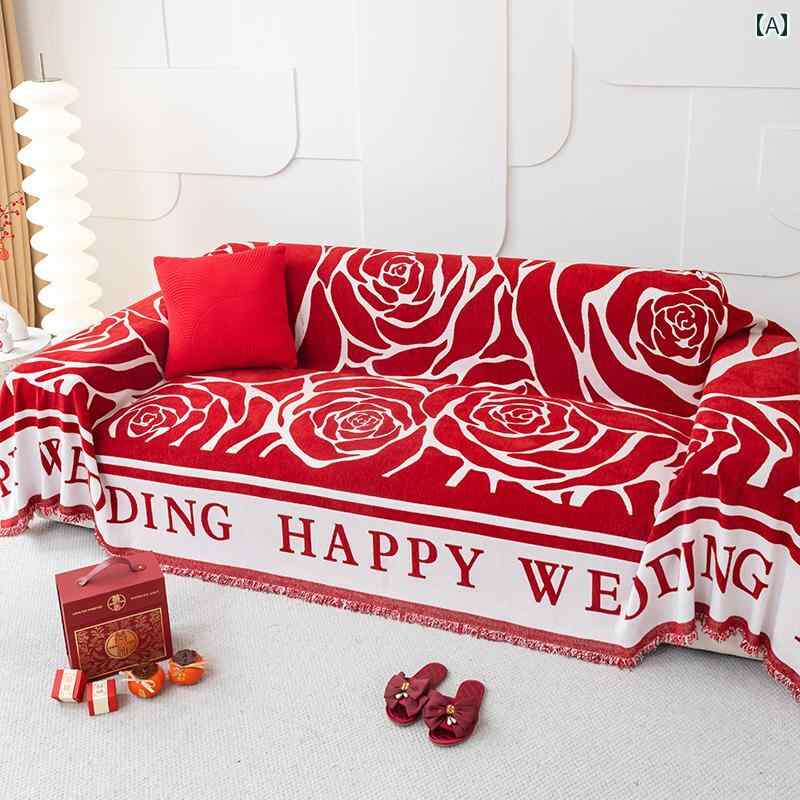 ソファーカバー 3人掛け 北欧 かけるだけ シェニール ジャガード フリンジ ソフト 吸湿 通気 耐摩耗 お祝い 結婚式 リビングルーム ブランケット クッション おしゃれ 花柄 バラ 赤