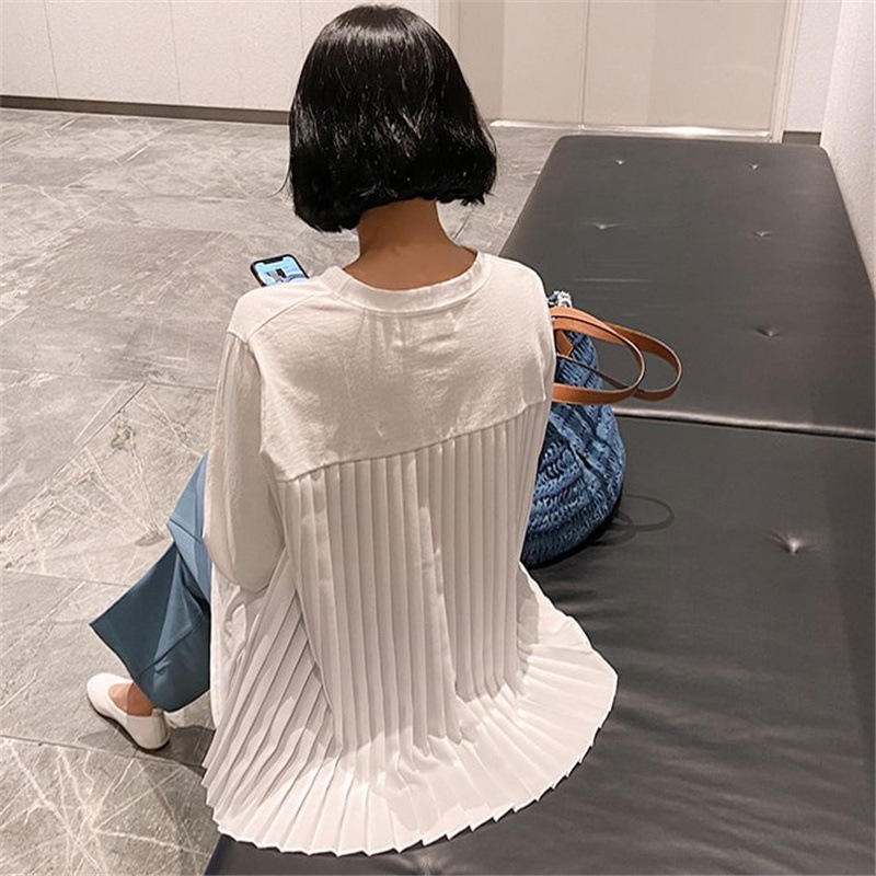 レディース トップス カットソー プルオーバー 7分袖 ドロップショルダー クルーネック 襟なし ノーカラー ワイド フレア セミフレア プリーツ 切り替えデザイン ドッキング 綿 コットン PU