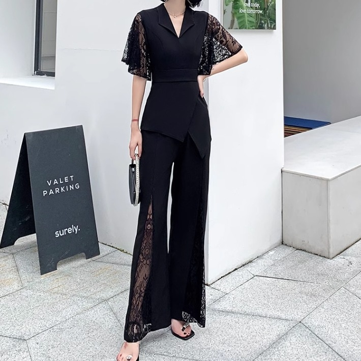 ドレス パンツドレス パーティー 結婚式 二次会 披露宴 フォーマル ラウンジ クラブ ロング 半袖 フレアスリーブ 袖あり Vネック 襟付き スレンダー ストレート レース ウエストマーク スリット