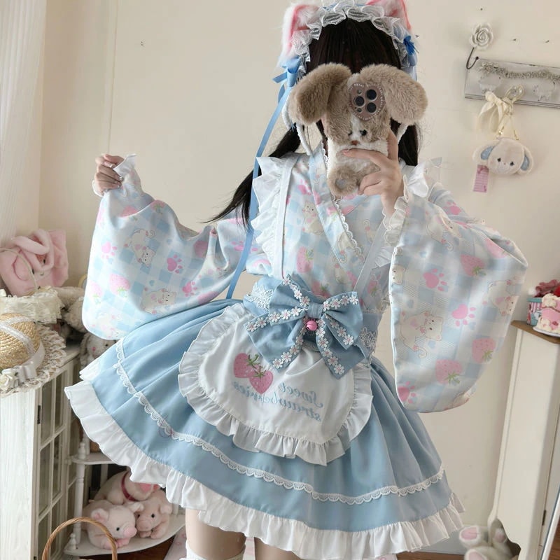 ロリータ メイドスーツ ロリータ日系 かわいい和風 フルセットプリント ロールプレイング