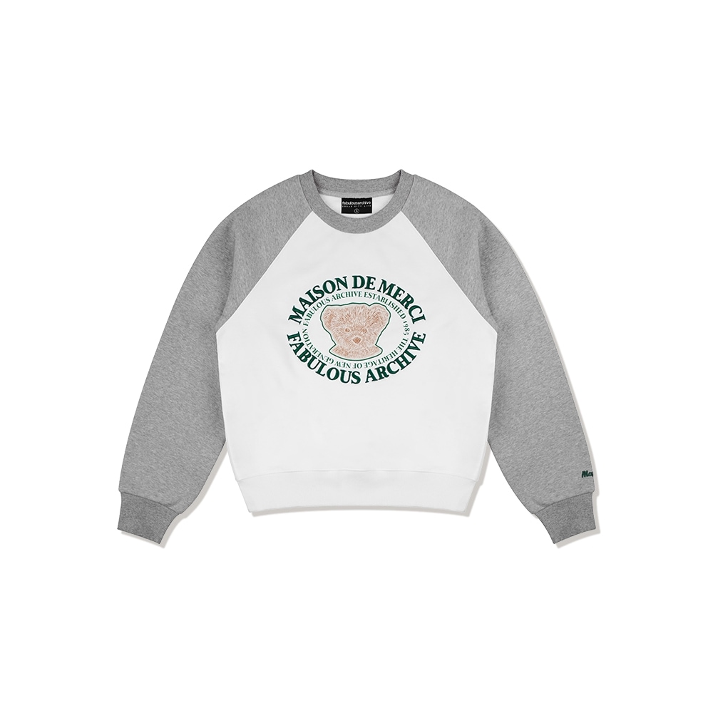 ファビュラスアーカイブ女性用クロップスウェットシャツベアフレンズツートーンミックススウェットシャツメランジグレーホワイト (FCC3TS450W)