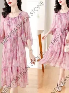 シフォンワンピース子供服夏2024年新作七分袖ミディアムスカート-54