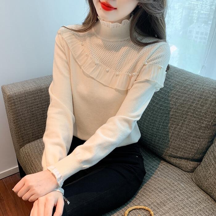 トップス ニット カットソー プルオーバー タートルネック フリル パール レディース エレガント 大人 可愛い きれいめ カジュアル フェミニン 長袖 インナー 透かし編み ナチュラル ハイネック
