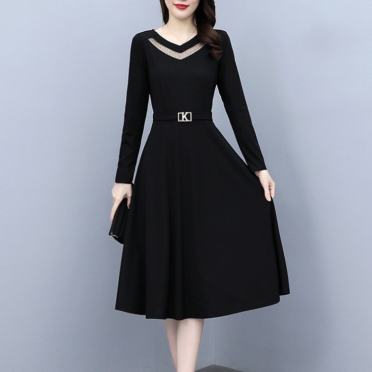 ワンピース ラージサイズ 新作 春秋冬 厚手 Vネック メッシュレース Vライン ベルト メタルバックル 長袖 ミディスカート 無地 Aラインスカート エレガント ファスナー韓国 フレアスカート