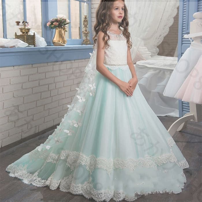 新作 子供ドレス ミントの優しい色合いにレース飾りと蝶々マントが可愛い フラワーガール 七五三 チュールスカート イベント パーティードレス 結婚式 発表会 演奏会音楽会 5,790円