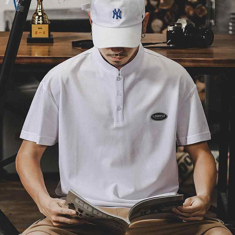 ポロシャツ コットン メンズ 半袖 夏 アメリカン ヘンリーカラー メンズ Tシャツ アメカジ ホワイト ブラック グレー ブルー 白 黒 青