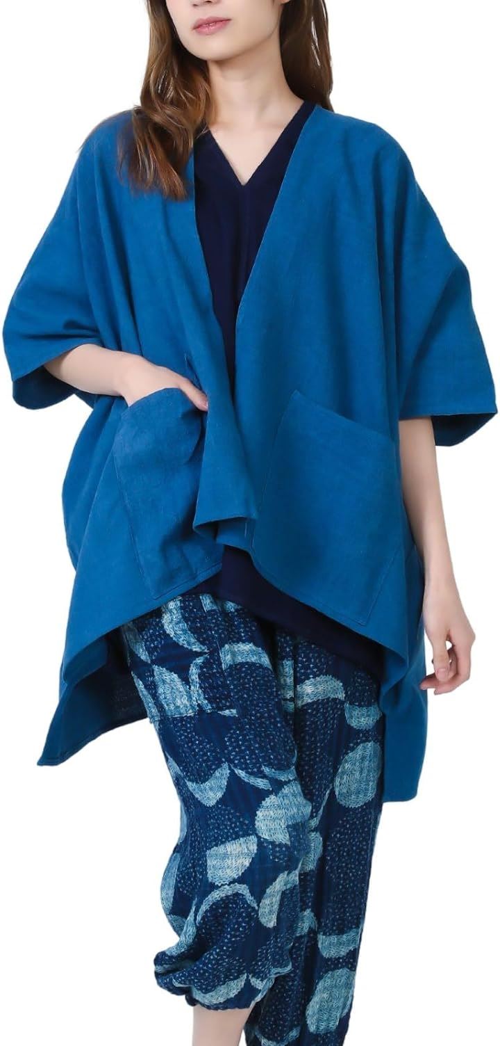 部屋着 セットアップ ３点セット ゆったり コットン シャツ カーディガン サルエルパンツ 藍染め 刺し子柄プリント(ブルー系, L) 8,422円