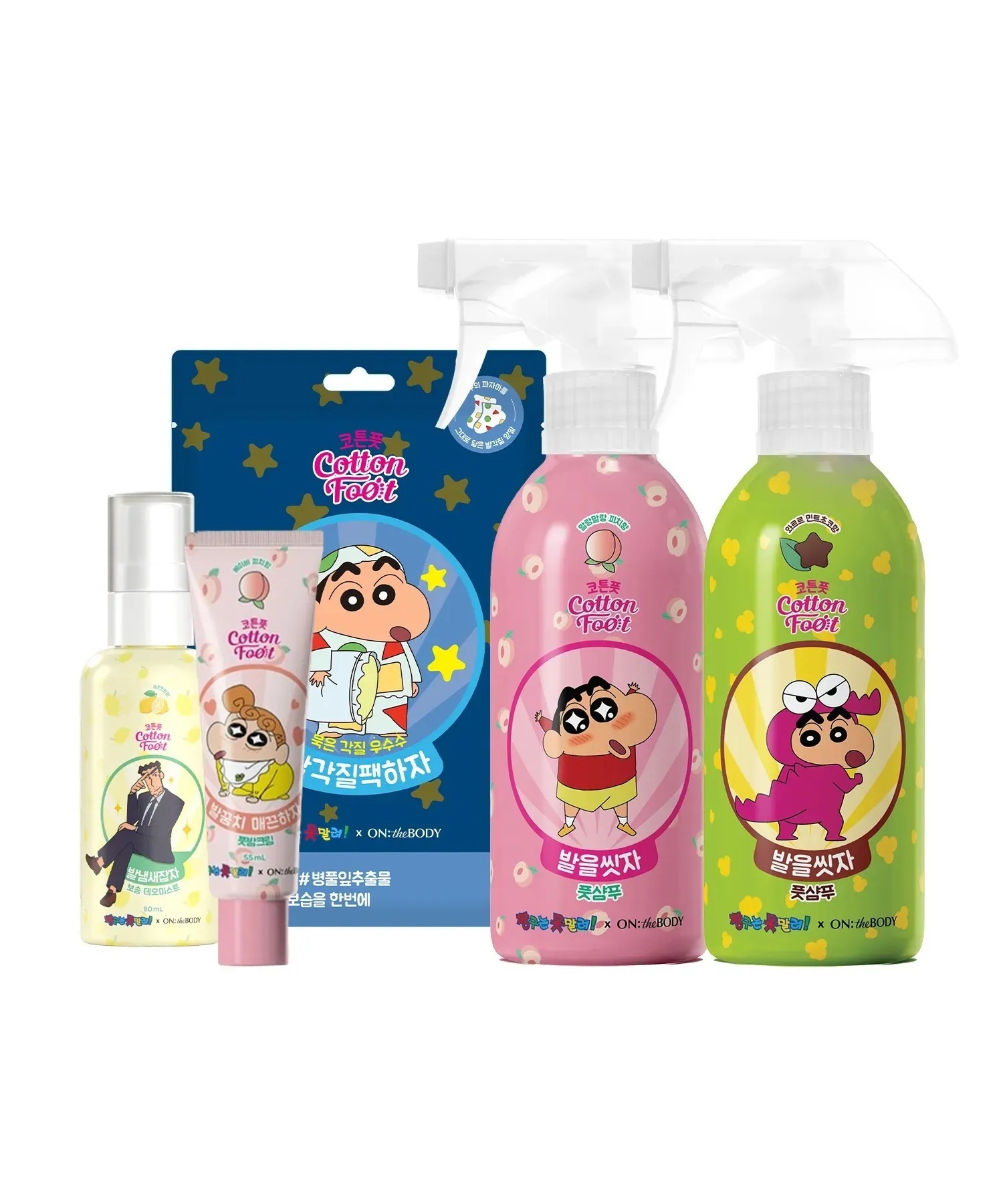 クレヨンしんちゃんマニアセット:足を洗おう コットン フット 足 シャンプー クレヨンしんちゃん 桃 385ml+ミントチョコ 385ml+角質パック1回+ミスト+フットクリーム+ステッカー