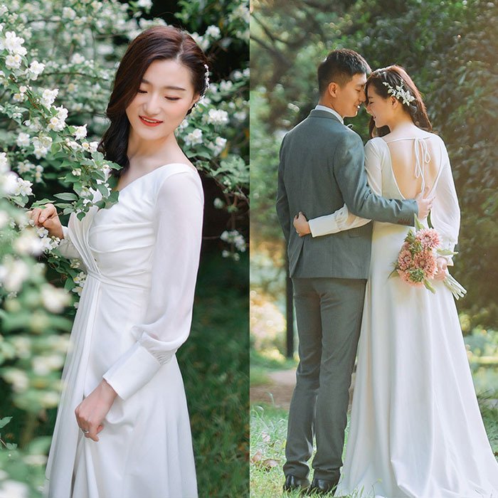 ウエディングドレス 新作海外挙式 二次会 袖あり 長袖 白 花嫁 エンパイア シンプル 格安 披露宴