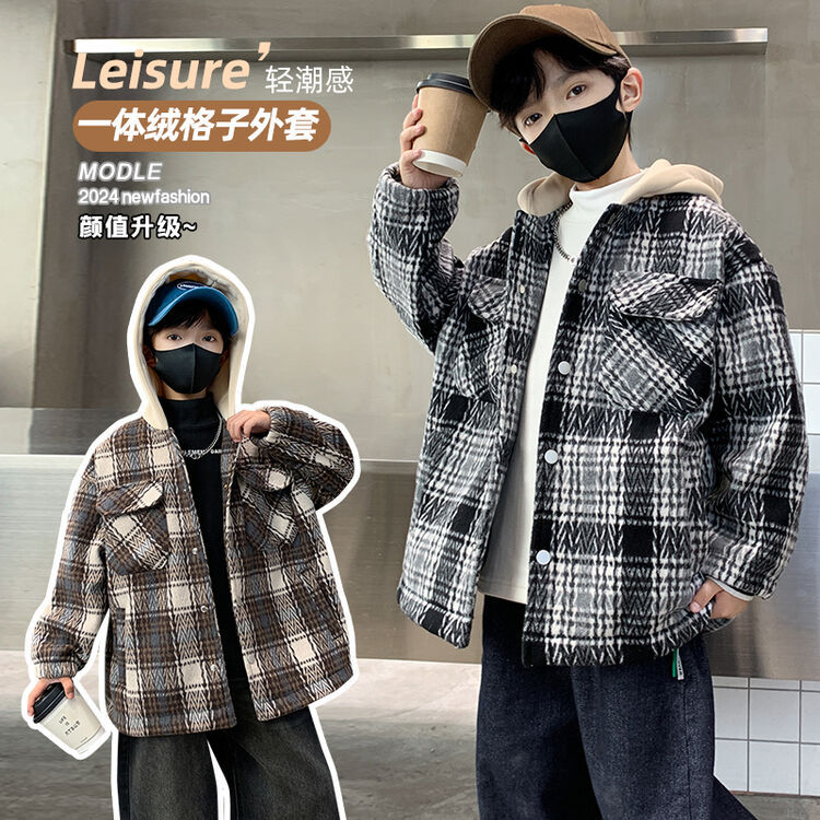 ボーイズフリースジャケット2024年秋冬新作中大型子供用厚手男の子冬子供チェック柄フード付きウインドブレーカー