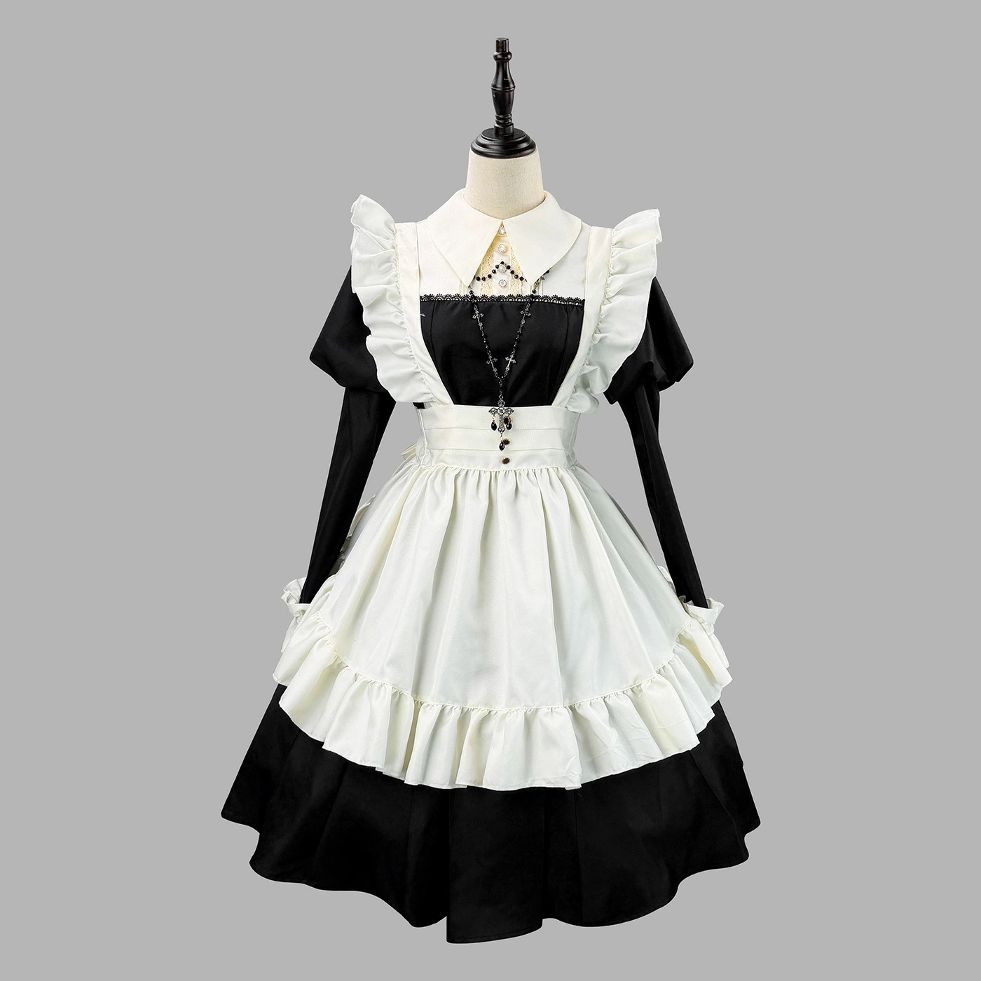 【新作登場 最安値】可愛いメイド服 ワンピース+エプロン+髪飾り 折り襟 フリル裾エプロン パフスリーブ ドレス フリル コスプレ仮装 長袖 ゴシック ロリータ パーティー 舞台衣装 イベント変装
