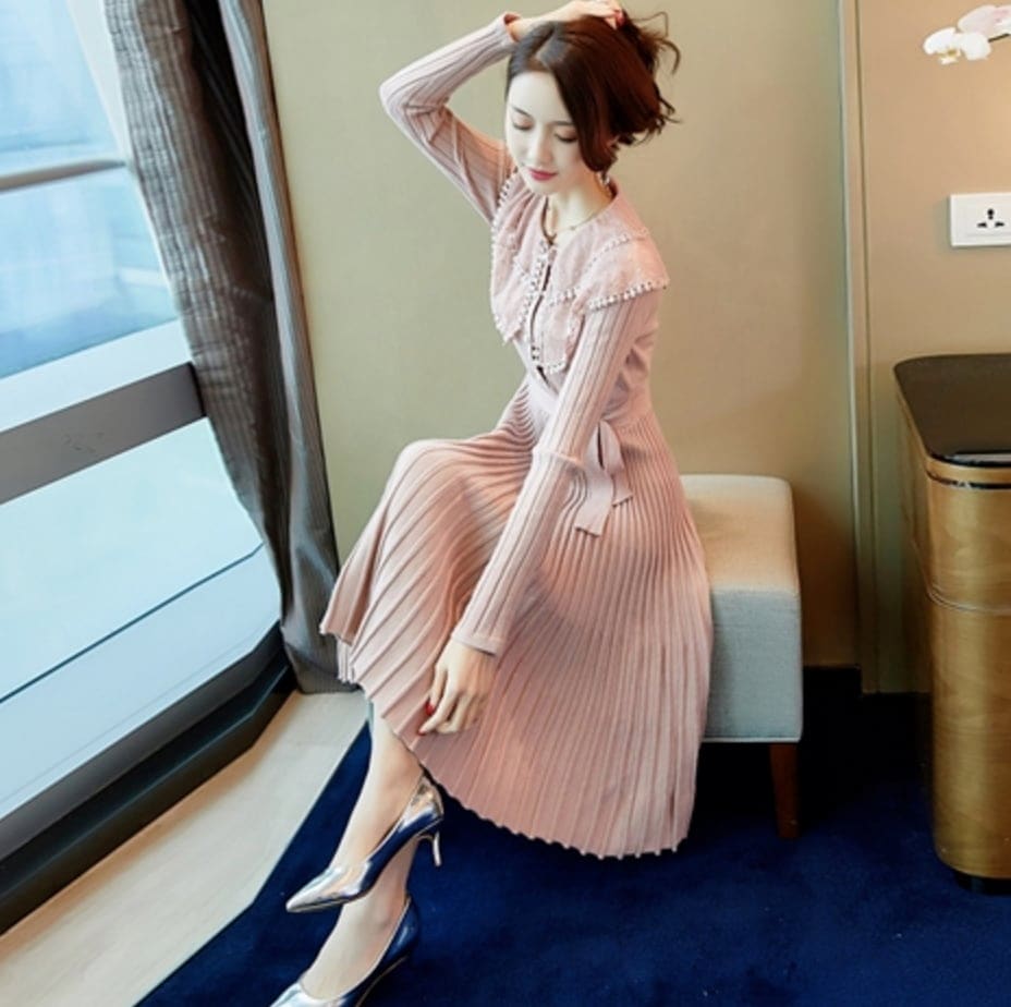 ワンピース フレア Aライン 膝下 ミモレ 長袖 ラウンドネック 襟付き ビッグ襟 前ボタン ウエストマーク リボン かわいい 大人可愛い きれいめ シンプル 春 秋 デート お出かけ モテ XL